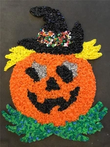 Jack O Laterne Halloween Kürbis mit Silber Deko geschmolzen Kunststoff Popcorn - Bild 1 von 5