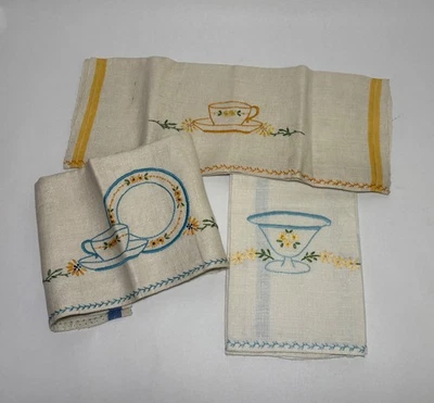 3  Vintage Linen Kitchen Dish Tea Towels Embroidered Floral Plate Cup Vase - Image 1 of 4