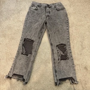 We The Free People 29 Black Denim Jeans Distressed Destroyed Knee Raw Hem Black - Picture 1 of 9