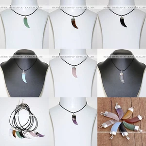 Crystal Gemstone Quartz Tusk Horn Pendant Genuine Leather Cord Choker Necklace - Picture 1 of 24