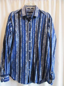 Camisa de vestir Bugatchi Uomo para hombre con botones delanteros talla mediana azul a rayas manga larga - Imagen 1 de 7