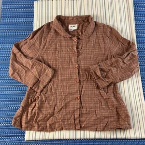 FLAX Jacket Womens Large Burnt Orange And Yellow 100% Linen Pocket #8030 - Picture 1 of 11