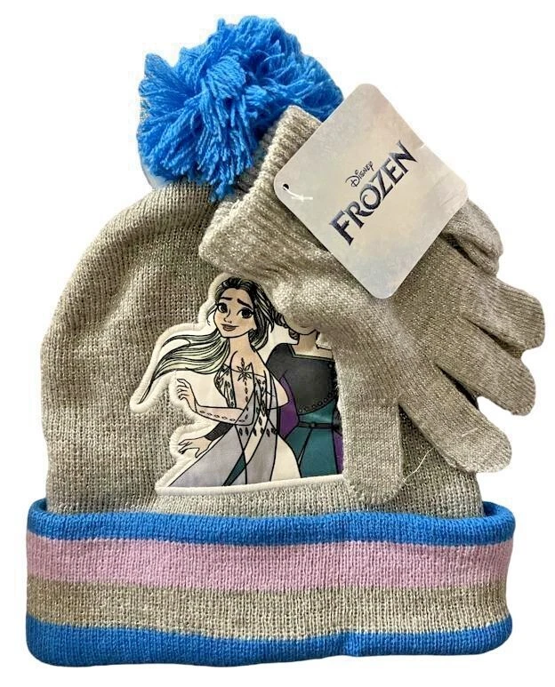 Frozen Elsa/Anna POM POM Gorro y Guantes con Dedos Juego de 2 piezas Azul/Gris Foto 1 de 2