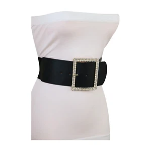 Women Black Elastic Waistband Belt Big Metal Gold Bling Square Buckle S M - Picture 1 of 18