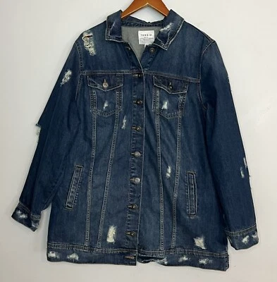 Chaqueta de mezclilla Torrid Long Line desgastada rasgada algodón lavado oscuro talla 2X Foto 1 de 4