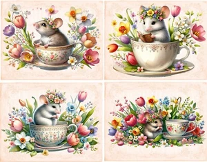 8 MICE MOUSE CUP FANTASY FLOWERS VINTAGE GLOSSY FOLD OUT NOTE CARD ORGANZA BAG - Picture 1 of 4