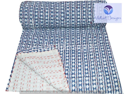 Colcha azul Kantha estampa bloco Gudri feita à mão colchas de solteiro jogar Ralli - Imagem 1 de 4
