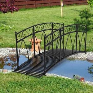 8FT Garden Bridge Black Curved Outdoor Decor w/ Safety Rails for Pond Yard - Picture 1 of 5