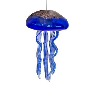 New Lrg Cobalt Blue Gold Handmade Art Glass Jellyfish Hanging Winchime Sun Decor