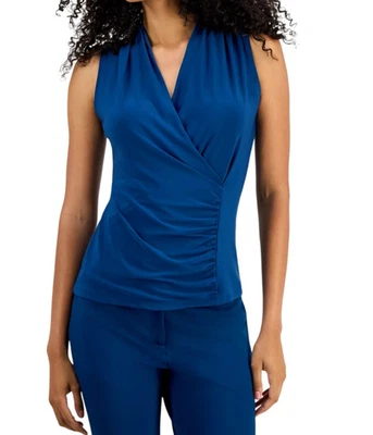 Anne Klein Women's Shirred Surplice-Neck Sleeveless Top Baltic Teal XXL - Image 1 of 4