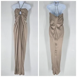 Vestido de Noche Kaufmanfranco Taupe Seda Halter Correa Talla 10 - Imagen 1 de 13