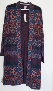 Chicos Duster Size 2 Sweater Open Floral Geometric Mettalic Career Classic - Picture 1 of 15