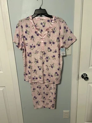 全新带标签 Adonna 女式粉色 Rosie Rose V 领短袖 2 件套睡衣套装 L 码 — 第 1/4 张图片