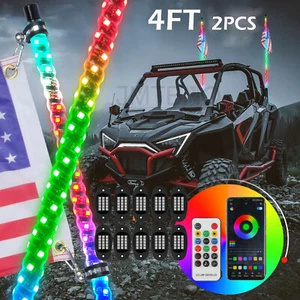 2X 4FT Lighted Spiral LED Whip Antenna + 10 Rock Light For ATV Polaris RZR UTV - Picture 1 of 18