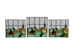 3 Antique Victorian Reclaimed Floral Leaded Stained Glass Window Panels Green - Picture 1 of 12