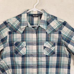 Wrangler Retro Women's Western Shirt Size L Pearl Snap Button Blue Green Plaid - Picture 1 of 12