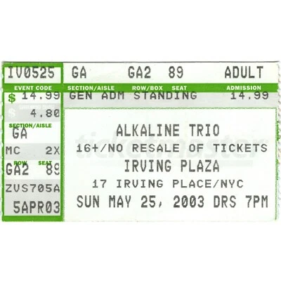 Boleto de concierto ALKALINE TRIO NUEVA YORK NY 25/05/03 IRVING PLAZA BUEN LUTO Foto 1 de 2