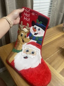 Vintage Fleece 3D Felt Santa Rudolph Frosty the Snowman Christmas Stocking - Imagen 1 de 3