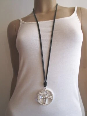 Damen Halskette lang Band Lagenlook Modekette Schwarz Silber Lebensbaum Strass - Bild 1 von 4