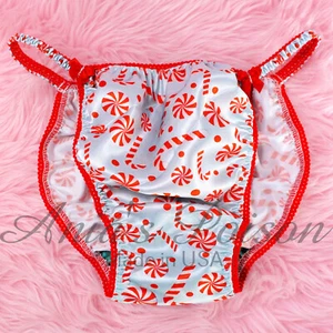 Sissy Satin Panties for MEN - Christmas Candy Cane blue- shiny String Bikini - Picture 1 of 5