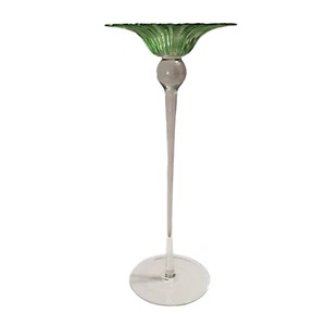 RARE OOAK Handblown 15.75" Tall Flower Shaped Candle Holder Decor Green & Clear - Picture 1 of 8