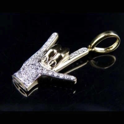 0.25 Ctw  Moissanite 14K Yellow Gold Plated Rock On Hand Sign Men's Pendant 1.3" - Image 1 of 4