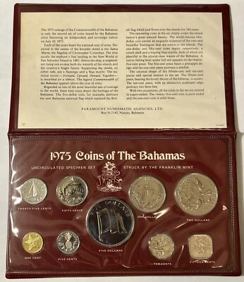 1975 Coins Of The Bahamas - 9 UNC Coins ~ Franklin Mint ~ Slip Cover & COA - Image 1 of 4
