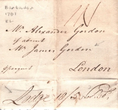 BARBADOS Entire Letter TRANSATLANTIC Cover Lodge 1781 Gordon WINE London MA2070 - Image 1 of 4