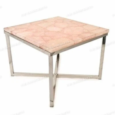 15" Rose Quartz Agate Coffee Side Table Natural stone Handmade Work - Image 1 of 3
