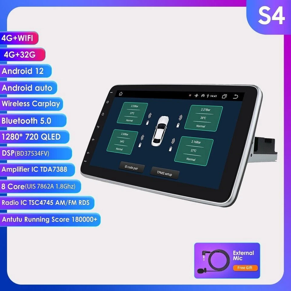 Android 12 4+32G 8Core 1DIN 10"Car Radio Stereo Head Unit GPS Wireless CarPlay - Image 1 of 4