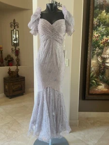 MAC DUGGAL 50732 EMBELLISHED PUFF SHORT SLEEVE FLOUNCE HEM VINTAGE LILAC GOWN 2 - Picture 1 of 6