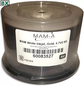 50-Pak MAM-A (Mitsui) GOLD White Inkjet Printable 8X DVD+R's, Mitsui 83527 - Picture 1 of 2