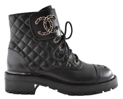 Chanel 21A Negro Acolchado Dorado Cadena CC Combate Cordones Corbata Tobillo Botas Cortas 38.5 Foto 1 de 4