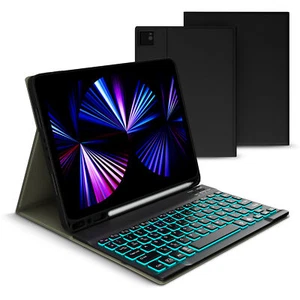 iPad Air 4 10.9 Schutz Hülle Tasche mit Beleuchtete Bluetooth Tastatur Schwarz - Zdjęcie 1 z 9