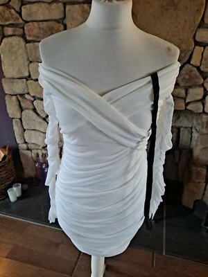 Club L Extraordinary Off Shoulder Long Sleeve Mini Dress Size 8 Ivory BNWT - Image 1 of 4