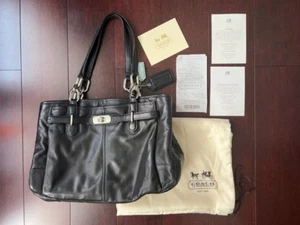 Coach Purse Authentic Black Leather Bag Tote Shoulder Silver Chain Free Shipping - Picture 1 of 9