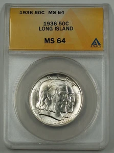 1936 Long Island Silver Half Dollar Commemorative Coin ANACS MS 64 (Better Coin) - Picture 1 of 1