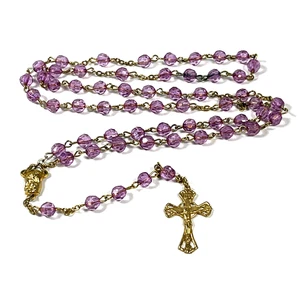 Catholic 5 Decade Rosary Pink/Purple Acrylic Beads Gold Tone Crucifix 19" - Picture 1 of 15