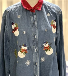 Bobbie Brooks Camicia Denim Applique Natale Pupazzo di Neve Agrifoglio Vintage 16/18W Bottone Y2K - Foto 1 di 15
