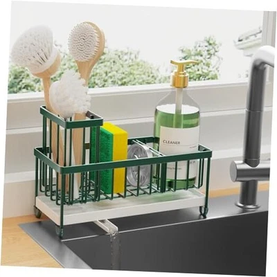 Soporte de esponja para fregadero de cocina, organizador de carrito de fregadero con alto verde oscuro Foto 1 de 4