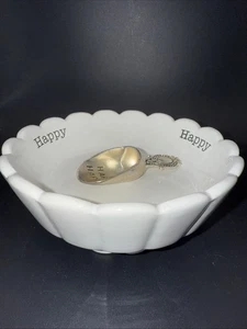 Mud Pie HAPPY Circa Collection White Ceramic Candy Dish Bowl Scoop Set 5.5” - Picture 1 of 7