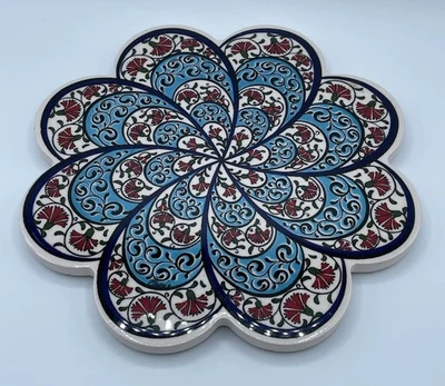 Tile Trivet/Hot Pad Blue White Floral w/ Padded Bottom Made in Turkey - Image 1 of 3