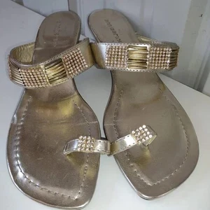 NEW Size 9.5 Women's Gold Beaded Sandals Toe Thong Footwear Shoes 3" Heel - Picture 1 of 5