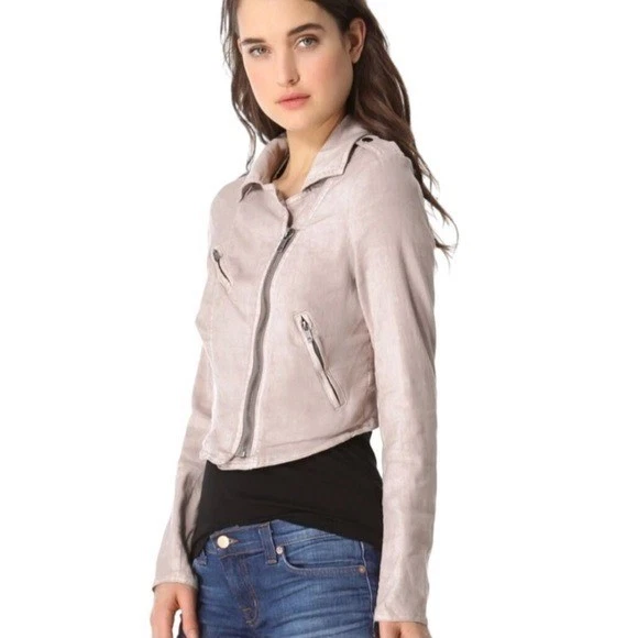 Chaqueta Free People Slub Rosa Lavanda Lino Recortada Moto Cremallera Talla 2 Foto 1 de 4