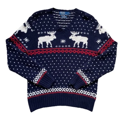 Suéter Vintage Ralph Lauren Tejido a Mano Grande Alce Lana Merino Cuello en V Años 90 Grande Foto 1 de 4