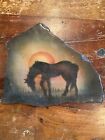 Vintage, Horse grazing sunset hand painted professionally and glazed on rock