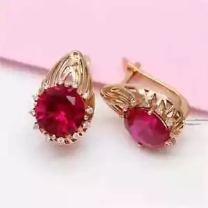 3Ct Round Cut Lab Created Ruby Diamond Wedding 14K Rose Gold Plated Earrings - Picture 1 of 5