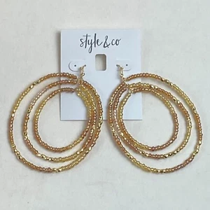 Brown and Gold-Tone Beaded Oversized Drop Hoop Earrings 3-Inch - Picture 1 of 2