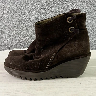 Fly London Boots Womens 38 / 8 Brown Suede Yama Ruched Wedge Platform Booties - Image 1 of 4
