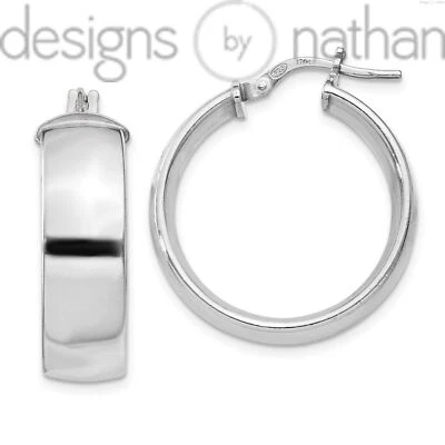925 Rhodium Plated Sterling Silver Wide High Polish Hoop Earrings | 7.5 x 26 mm - Image 1 of 4